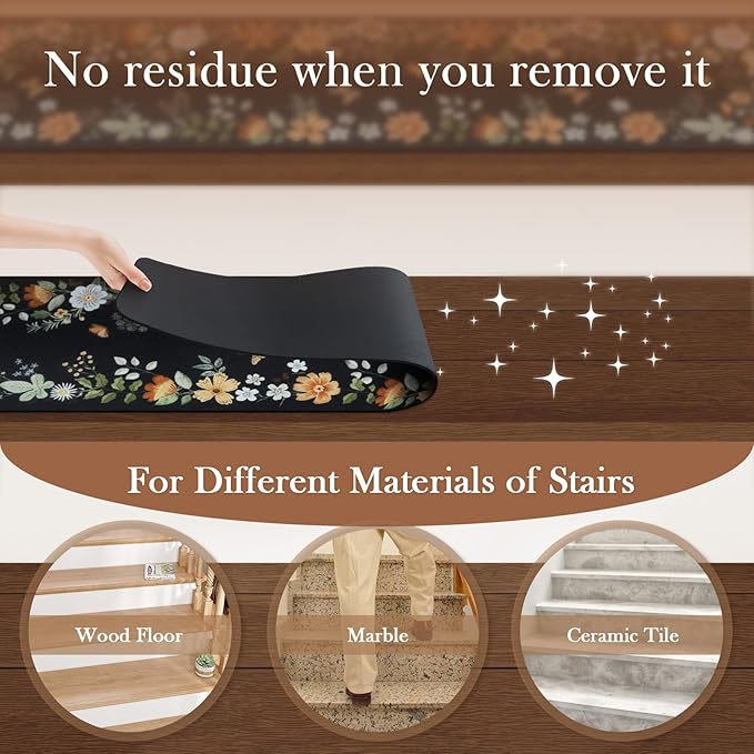 OJIA Floral Stair Treads Non-Slip Carpet Stair Treads for Wooden Steps Indoor 15PCS 30"x8" Stair Runner Stair Mats Staircase Step Treads for Kids, Elders and Dogs, Stair Covers, Black