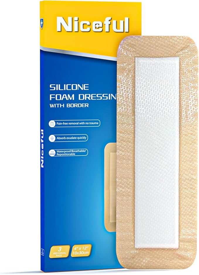 Ultra Soft Silicone Foam Dressing 4" x 12" - Large Bandages for Wounds, Highly Absorbent Waterproof Bandages for Bed Sores, Leg Ulcers, Knee Surgery 3 Count
