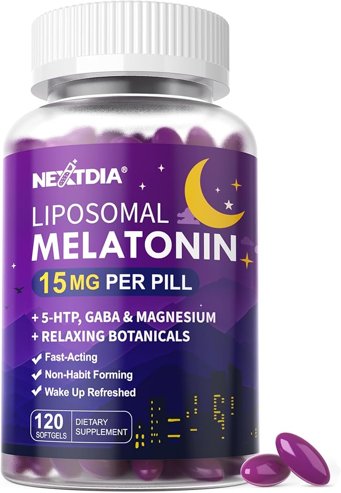 Liposomal Melatonin Sleep Supplement 15mg 30mg Time Release Melatonin Pills, Herbal Calm Sleep Aids for Adults w/ Magnesium Bisglycinate, Ashwagandha, L-Theanine, Valerian, GABA, 5-HTP Softgels 120ct