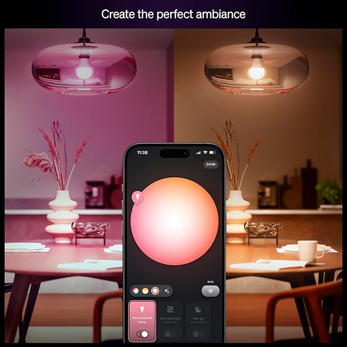 Philips Hue Essential Smart LED A19 Bulb, White and Color Ambiance, E26 Base, 8.8W, 2200K-6500K, 800 Lumens, Dimmable, Works with Alexa, Google, and Apple Home, 2-Pack