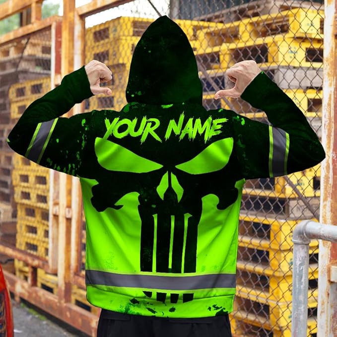Maddly Hi Vis Reflective Zip Up Hoodie, High Visibility Safety Jacket with Skull Design for runner, worker, trucker, cyclist