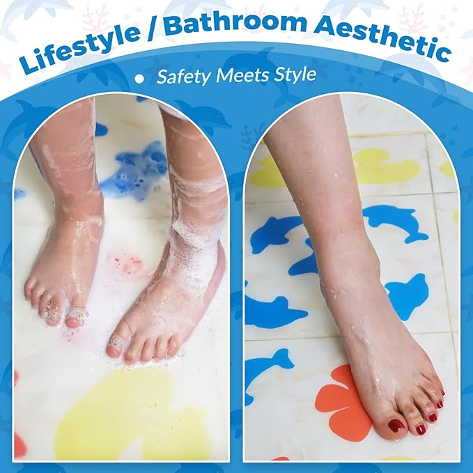 S&X Bathtub Non Slip Stickers,Grippy Dolphin Adhesive Treads – Fine Gritty Textured Surface – Pack of 12 Shower Floor Non Slip Stickers – Comfortable Grip On Slipper Surfaces
