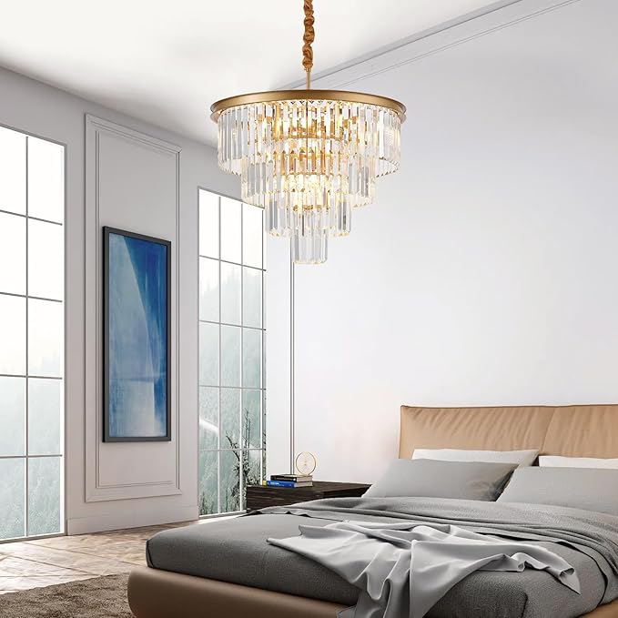 4-Tiers 23.6" Gold Crystal Chandelier Modern 12-Light Contemporary Crystal Pendant Chandeliers Light Fixture Hanging Lighting for Dinning Room Entryway Bedroom Foyer High Ceiling