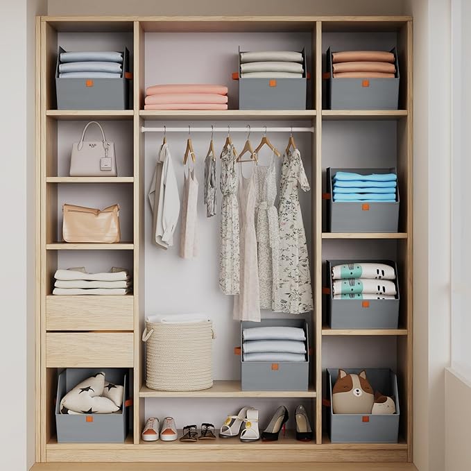 Fabric Closet Storage Cubes - 4 Pack Square Storage Bins with Dual Handles for Clothes, Towels, Toys, Cube Storage Organizers for Bedroom, Nursery, Shelves, Closet, Small Spaces, Grey