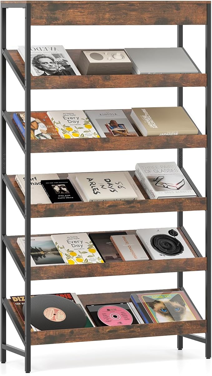Tangkula 6-Tier Bookshelf, Tall Freestanding Bookcase with Angled Shelves, Industrial Display Rack Storage Organizer with Metal Frame & Anti-Tip Kits for Home Office Living Room (Rustic Brown, 63.5”H)