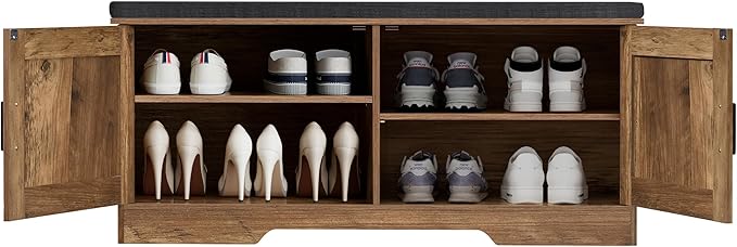 2-Tier Storage Bench, 39.4" Wide Shoe Bench with Padded Seat Cushion, Entryway Bench with 2 Barn Doors and Adjustable Shelf, Rustic Walnut
