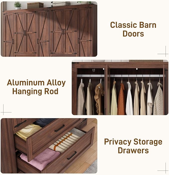 7 Doors Wardrobe Armoire Closet with Doors and Drawers, Farmhouse Wooden Armoire Storage Cabinet with Shelves & Hanging Rod for Bedroom, Brown