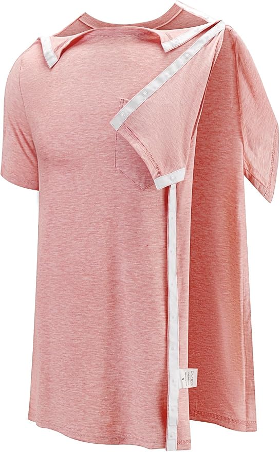 Poriff Men's Post Shoulder Surgery Recovery Shirts Full Tear Away Short Sleeve Snap Chemo Port Access Shirt