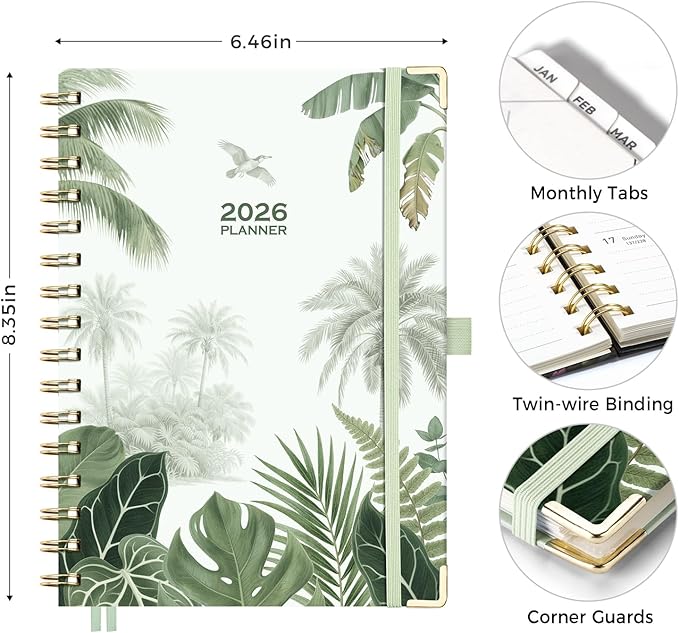 AHGXG 2026 Planner, Weekly and Monthly Planner for Women, Jan 2026 - Dec 2026, Medium Size (5.7" x 8.3"), Calendar 2026, Hardcover with Monthly Tabs, Spiral-Bound, 100 GSM Thick Paper, Green-Forest
