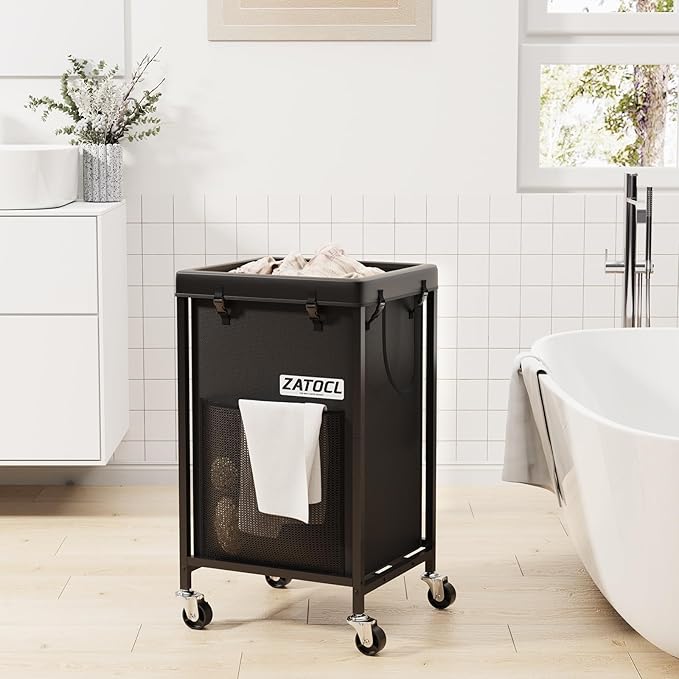 42 Gal Laundry Basket with Wheels, Heavy Duty Rolling Laundry Hamper, Oxford Fabric Dirty Clothes Hamper with Thick Iron Frame & Removable Bag, Large Hampers for Bathroom Bedroom Aesthetic, Black