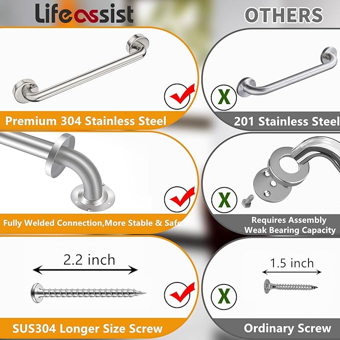 18 Inch Shower Grab Bar 2 Pack Brushed Nickel SUS304 Safety Bathroom Grab Bars with Concealed Screws, 500lbs Support Assist Bath Handle Balance Bar for Handicap Elderly Pregnant