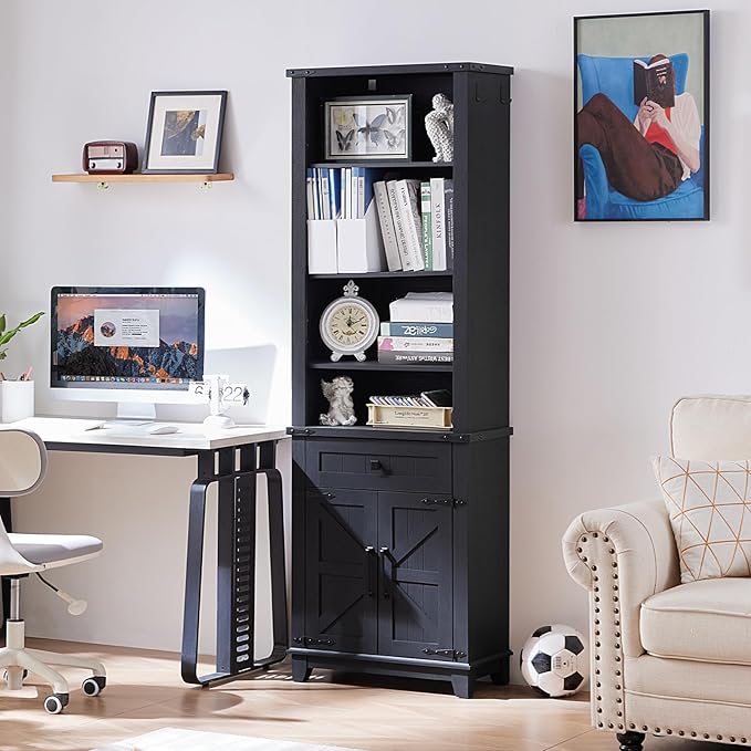72in Tall Bookshelf 7 Tier Bookcase with Drawer and Barn Doors and Adjustable Shelves, Black Farmhouse Book Shelf with Storage Cabinet, Wood Freestanding Display Bookshelves for Kitchen (3PCS)