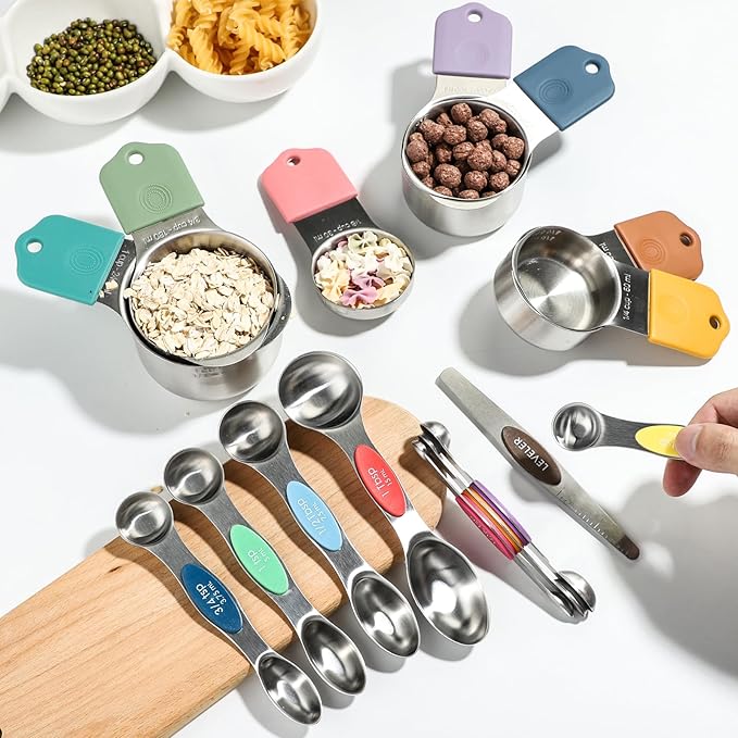 Magnetic Measuring Cups and Spoons Set of 16 Includes Stainless Steel Magnetic Measuring Cup Double Sided Magnetic Measuring Spoons with 1 Leveler for Dry and Liquid Ingredients