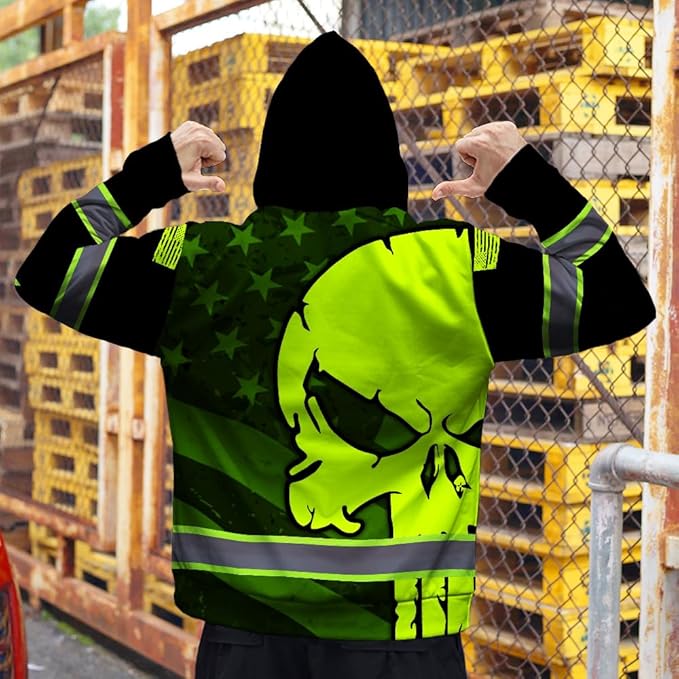 Maddly Hi Vis Reflective Zip Up Hoodie, High Visibility Safety Jacket with Skull Design for runner, worker, trucker, cyclist
