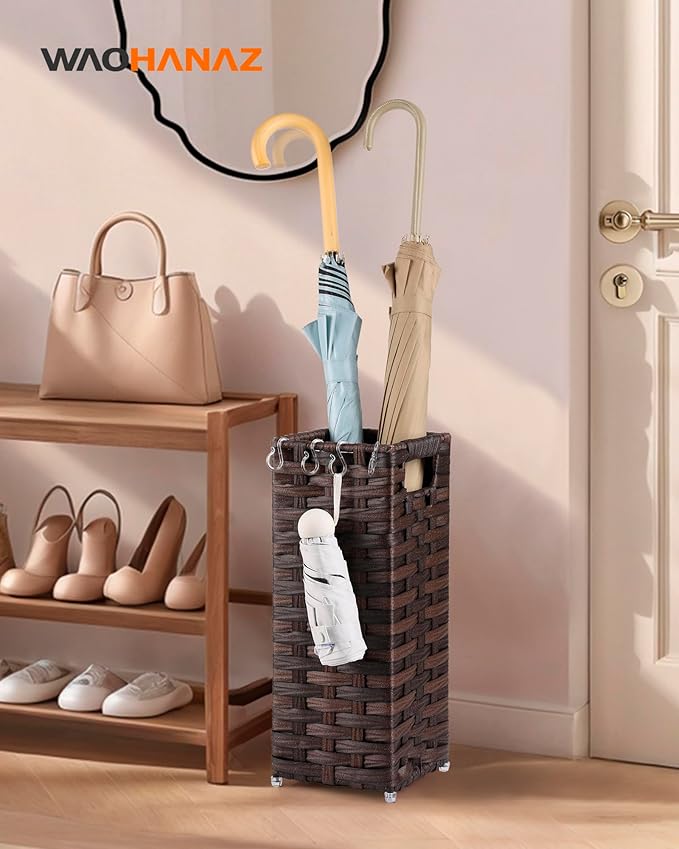 Rattan Umbrella Stand, Umbrella Holder for Entryway, Hand Woven Umbrella Rack Organizer Freestanding, with a Detachable Drip Tray, 4 Hooks, 6.5" L x 6.5" W x 16.5" H, Brown