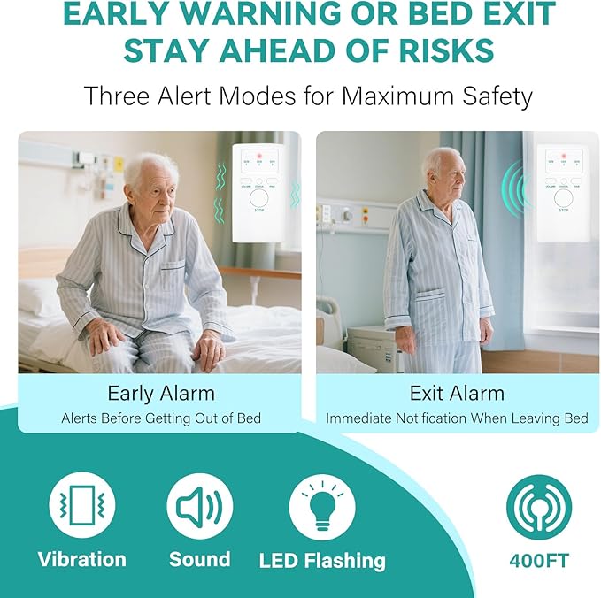 Bed Alarms for Elderly - Under & On Mattress Wireless Sensor Pad & Pager with Early & Exit Alarm Modes - Bed Alarms and Fall Prevention for Elderly and Dementia Patients - Replaceable Battery