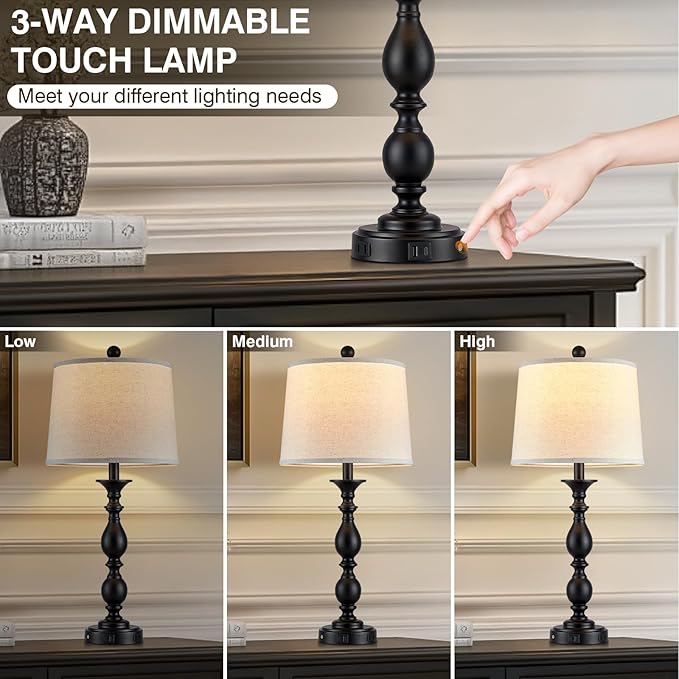 28" Tall Modern Table Lamps Set of 2 with USB C+A Ports and AC Outlet, 3 Way Touch Metal Bedside Lamps for Living Room, Black Farmhouse Nightstand Lamps for Bedroom