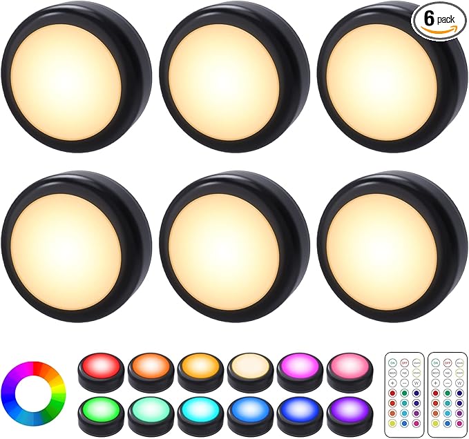 Cadrim Puck Lights, 6 Pack 13 Colors Changeable LED Puck lightings Battery Powered Dimmable Under Cabinet Lights, Battery Powered Under Counter Lights with 2 Wireless Remote Controls, Black