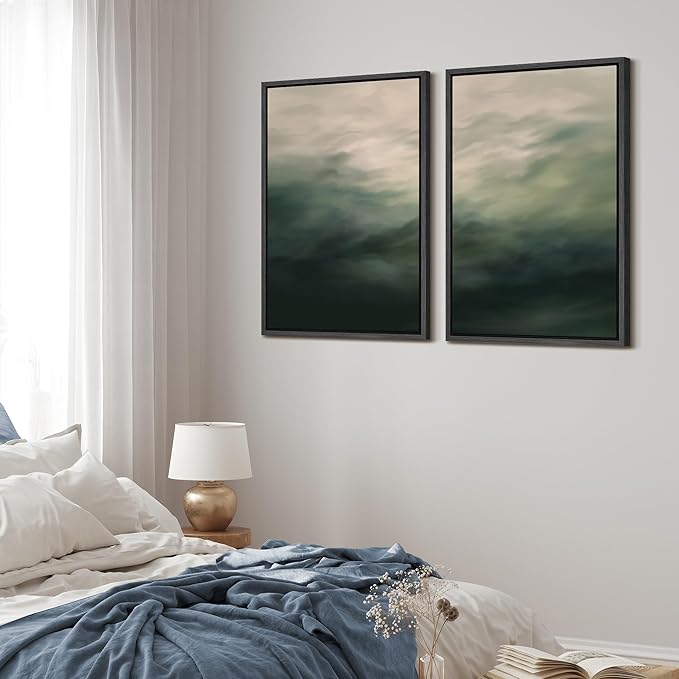 MUDECOR Framed Canvas Print Wall Art Dark Green Abstract Misty Landscape Moody Illustrations Modern Art Decorative Chic for Living Room, Bedroom, Office - 24"x36"x2 Black