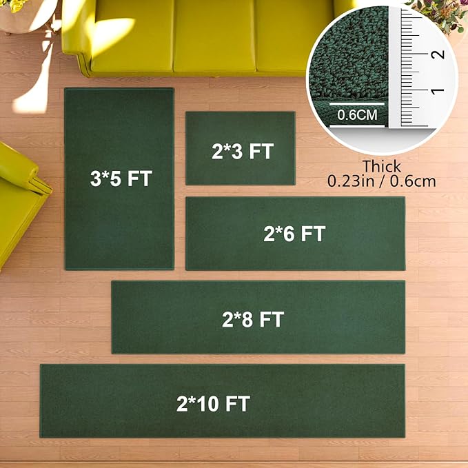 Runner Rug with Non Slip Rubber Backing, Washable Soft Floor Carpet for Kitchen, Hallway, Entryway Indoor, Bedroom, Laundry, Low Pile Area Rugs, Solid Color with Pointillism Style (Green, 2' * 6')