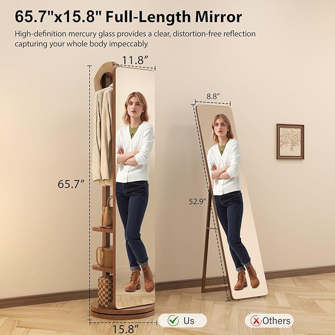 Full Length Mirror with Stand,Mirror Coat Rack,65.7 ''×15.8 ''Floor Mirror for Bedroom, Living Room, Dressing Room(Walnut)
