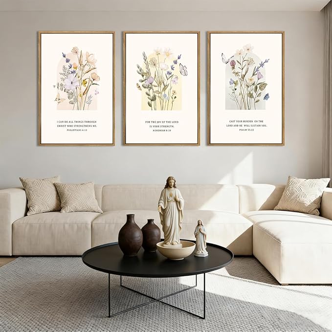 IARTTOP Large Floral Christian Wall Art Framed 16x24 Inch Set of 3 Bible Verse Scripture Artwork Minimalist Botanical Religious Canvas Wall Decor for Church Living room Bedroom