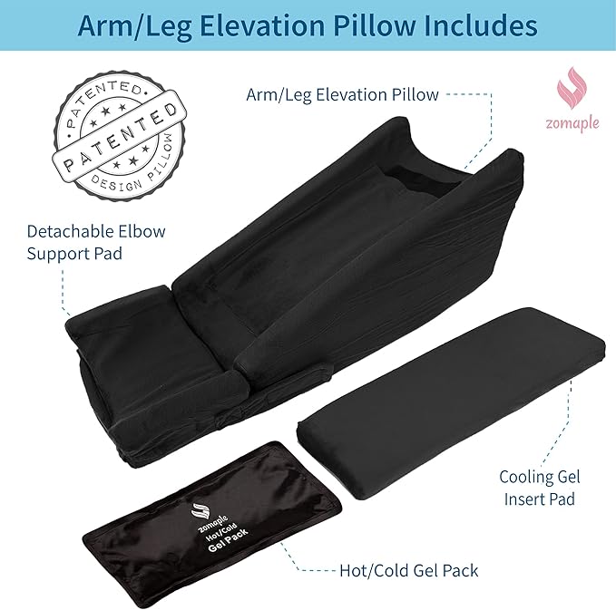 Zomaple Arm Elevation Pillow, Black – Reduce Swelling & Pain with Elbow Support – Adjustable, Gel-Infused Foam, Hot/Cold Gel Pack & Washable Cover – Arm Support Pillow for Post-Surgery Recovery
