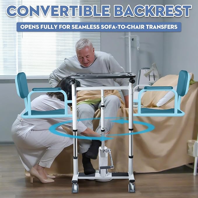 Drexo Patient Lift Transfer Chair, 5 in 1 Patient Lift Chair with 180°Split Seat, Height Adjustable Patient Transfer Chair with 4 Casters for Home Seniors Elderly, Load 450Lbs (Non-Fold, Silver)