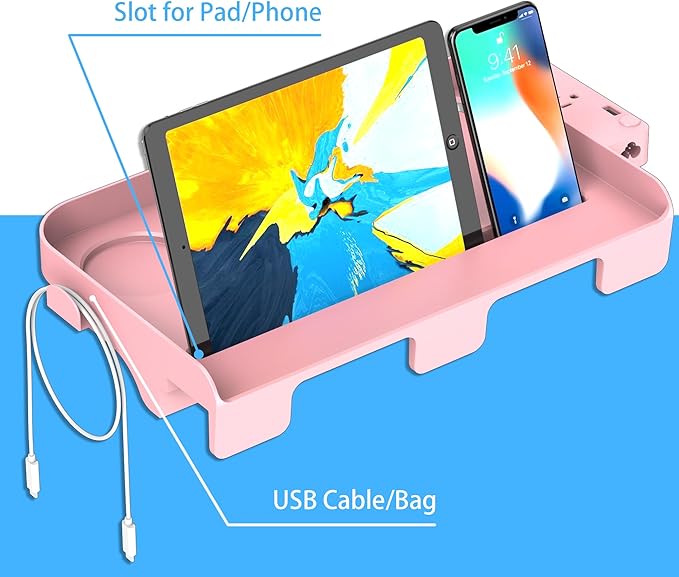 Bedside Shelf for Dorm Bunk Bed with USB Charging Port and 2 AC Outlets, Bed Side Table Tray Organizer, College Dorm Essential Clip On Bedside Tray, Loft Nightstand Decor, Plus Size, Pink