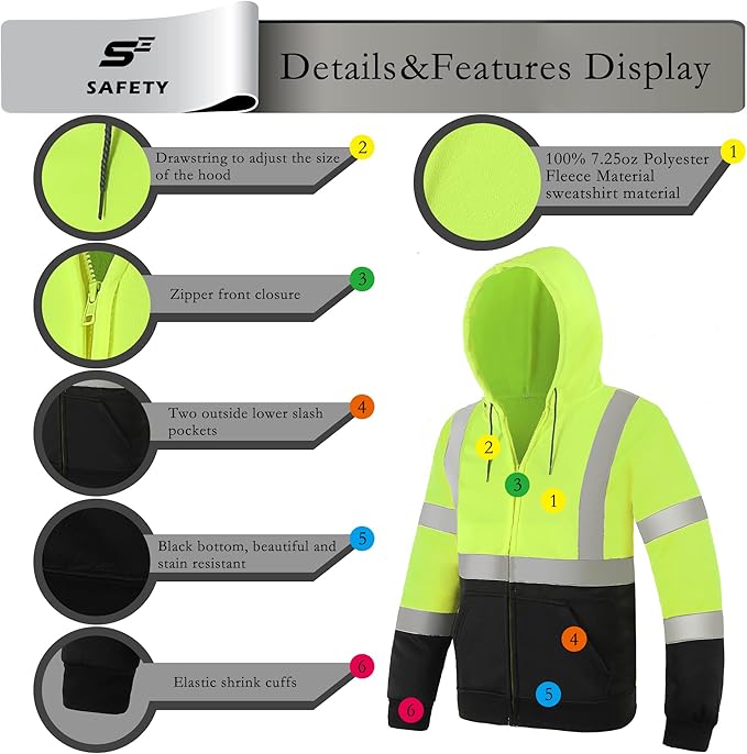 sesafety High Visibility Safety Sweatshirt for Men, Class 3 Reflective Zippered Hooded Sweatshirt, Hi-Vis Safety Hoodie with Black Bottom