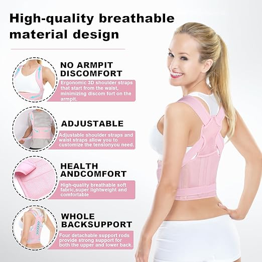 Posture Corrector for Women and Men,4 In 1 Adjustable Full Back Brace,Posture Braces Can Relieve Upper and Lower Back Pain, Shoulder Braces for Hunchback,Scoliosis, Lumbar Spine, Spine（Medium Pink）
