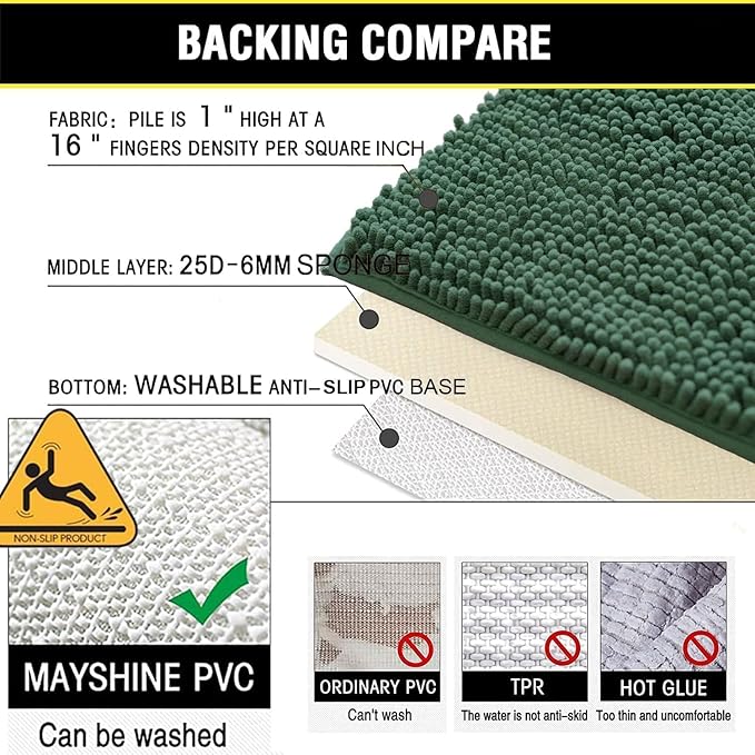BOANKODU Bathroom RugsSets 2 Piece，59X24+16X24Inch，Absorbent Non-Slip Very Soft Chenille Mat,Machine Washable（Dark Green）