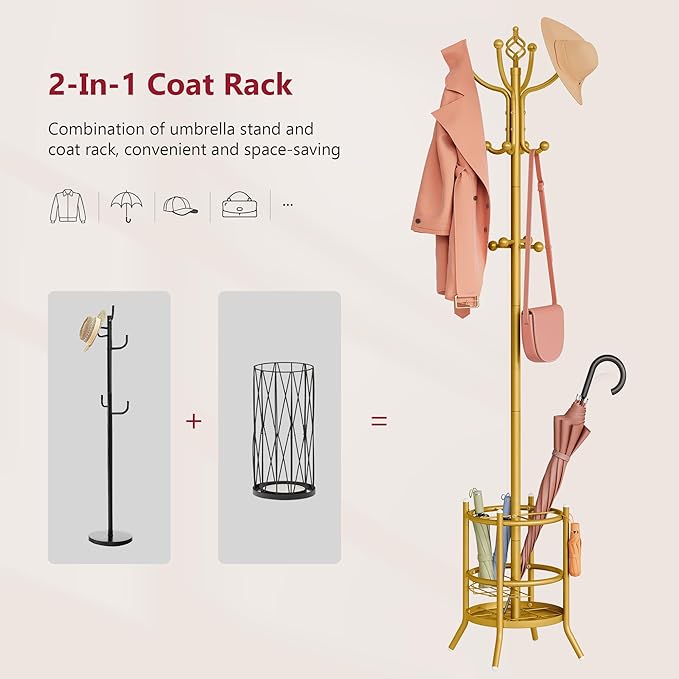 Tajsoon Coat Tree with Umbrella Holder, Coat Rack Freestanding, Coat Hangers Stand with 16 Hooks, Standing Coat Rack for Living Room, Bedroom, Office, Gold