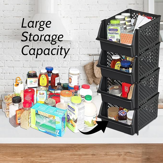 TidyFriend Stackable Storage Bins for Pantry Organizers and Storage 4 Pack, Pantry Storage for Food, Kitchen and Home Organization (Black)
