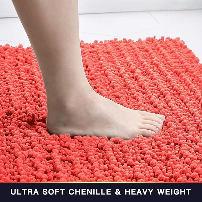 Walensee Bathroom Rug Non Slip Bath Mat (32x20 Inch Coral) Water Absorbent Super Soft Shaggy Chenille Machine Washable Dry Extra Thick Perfect Absorbant Best Large Plush Carpet for Shower Floor