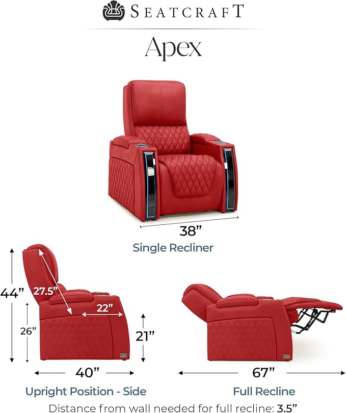 Seatcraft Apex Zero-Gravity CoolZero Italian Leather Home Theater Seating, Powered Headrest, Powered Lumbar, Powered Recline, Single Recliner, Red
