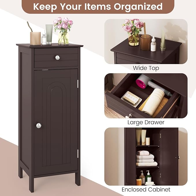 GLACER Floor Storage Cabinet, Multifunctional Freestanding Bathroom Storage Cabinet with 2 Adjustable Shelves, Ideal for Bathroom, Living Room, 14 x 12 x 34.5 inches (Brown)