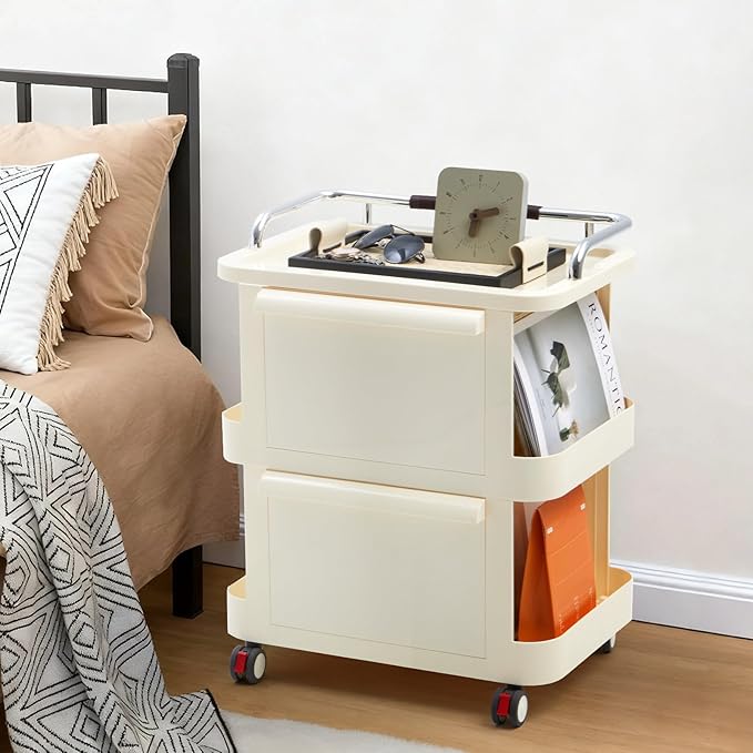 2-Tier Rolling Cart with Drawers - Mobile Storage Rolling Cart with Open Shelves, Lockable Casters, Multi-functional storage for Kitchen, Bathroom, Craft, Bedroom, Beige
