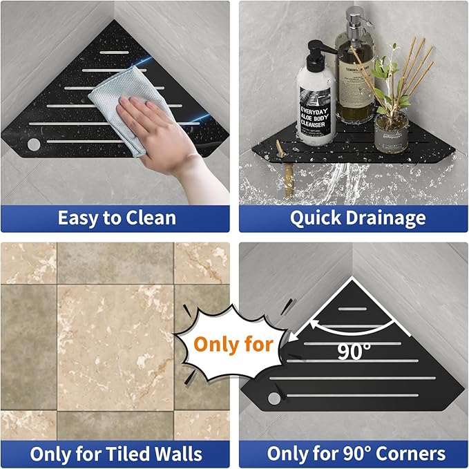 Corner Shower Shelves, Pentagonal Grout in Shelf w/Razor Holding Hole, 304 Stainless Steel Bathroom Shelf (Matte Black)
