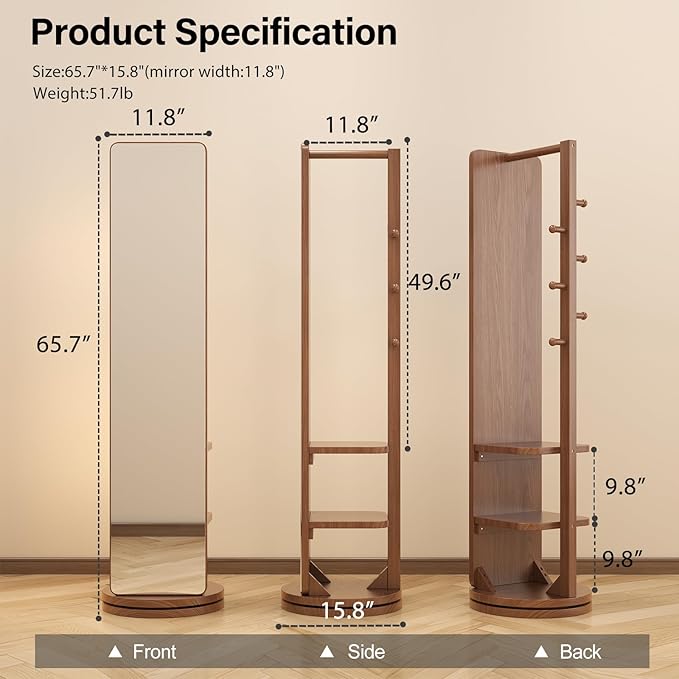 Full Length Mirror with Stand,Mirror Coat Rack,65.7 ''×15.8 ''Floor Mirror for Bedroom, Living Room, Dressing Room(Walnut)