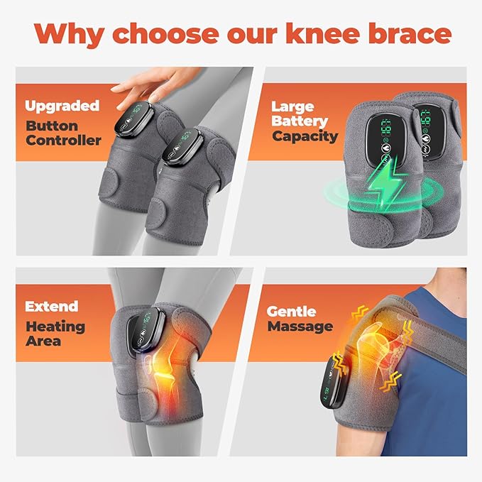 YUANBO Cordless Knee Massager with Heat, 3-in-1 Heated Knee Massager for Knee Elbow Shoulder Wrap with 3 Vibration & Heating Modes (2 PACK)
