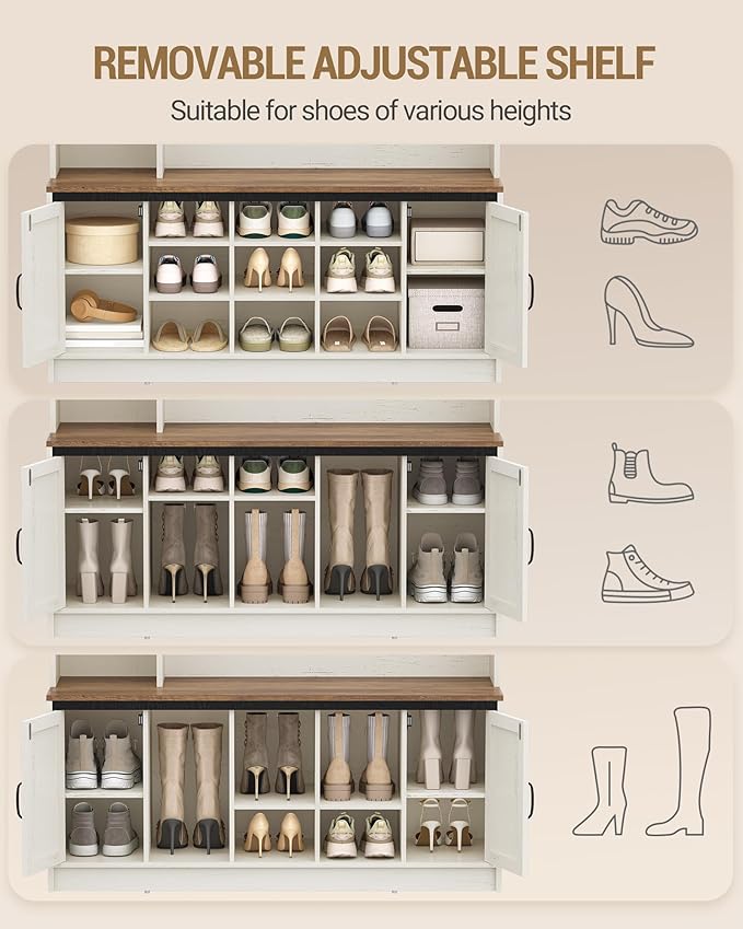 47.2" Hall Tree, LED Farmhouse Entryway Storage and Coat Rack Wood, Entryway Furniture with 7 Hooks, Hall Tree with Bench and Storage, 6 Storages Partitions Shoe Bench, Rustic White HT24614X