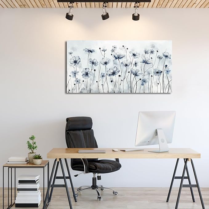 VEAEE Framed Flowers Canvas Wall Art - Indigo Floral Canvas Pictures, Living Room Wall Decor, Botanical Canvas Prints Painting Abstract Artwork Bedroom Office Home Decor 20"x 40"
