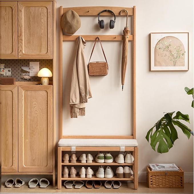 Oak Coat Rack, Solid Wood Hall Tree with Shoe Bench, 2-Tier Shoe Rack with 7 Hooks for Entryway, Hallway, 13.8" x 31.5" x 72.8", Natural