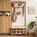 Oak Coat Rack, Solid Wood Hall Tree with Shoe Bench, 2-Tier Shoe Rack with 7 Hooks for Entryway, Hallway, 13.8" x 31.5" x 72.8", Natural