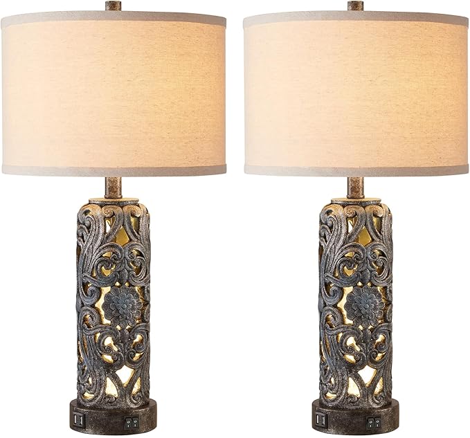 RORIANO 25'' Set of 2 Rustic Table Lamp for Bedroom Living Room with 2 USB Ports, Farmhouse Vintage Resin Nightstand Lamp with Nightlight, Antique Retro Desk Lamp for Entryway, 2 Bulbs Included