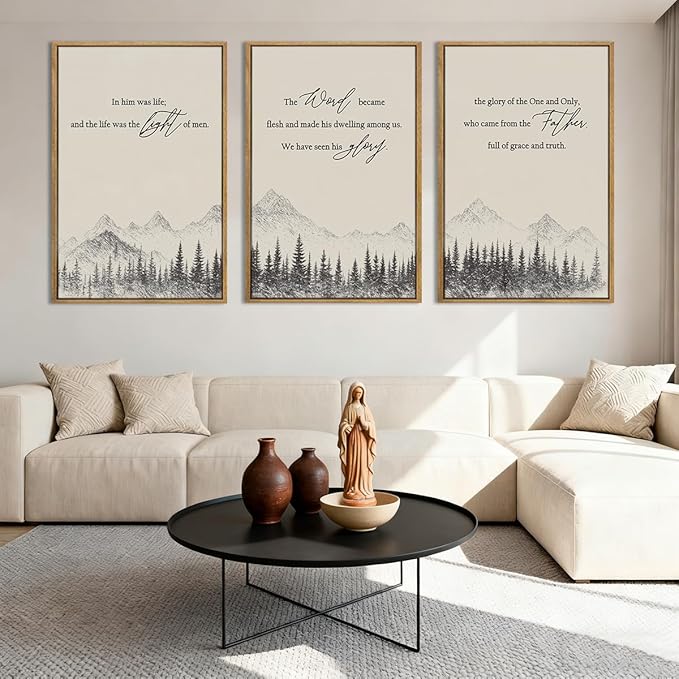 IARTTOP Extra Large Christian Bible Verse Framed Wall Art 24x36 Inch Set of 3 Jesus Catholic Biblical Scripture Canvas Wall Decor Minimalist Grey Mountain Landscape Prints for Living room Dining room