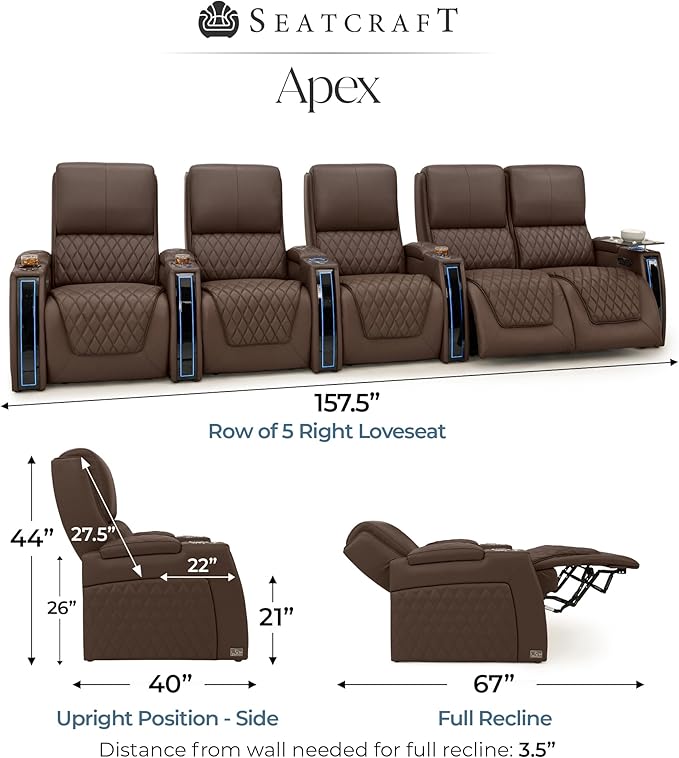 Seatcraft Apex Zero-Gravity CoolZero Italian Leather Home Theater Seating, Powered Headrest, Powered Lumbar, Powered Recline, Row of 5 Right Loveseat, Brown
