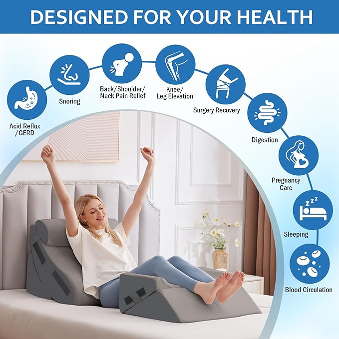 5Pcs Orthopedic Bed Wedge Pillow Set for After Surgery, Adjustable Wedge Pillow for Acid Reflux Relief, Bed Wedge Pillow Post Surgery, Memory Foam Wedge Pillows for Sleeping, Grey