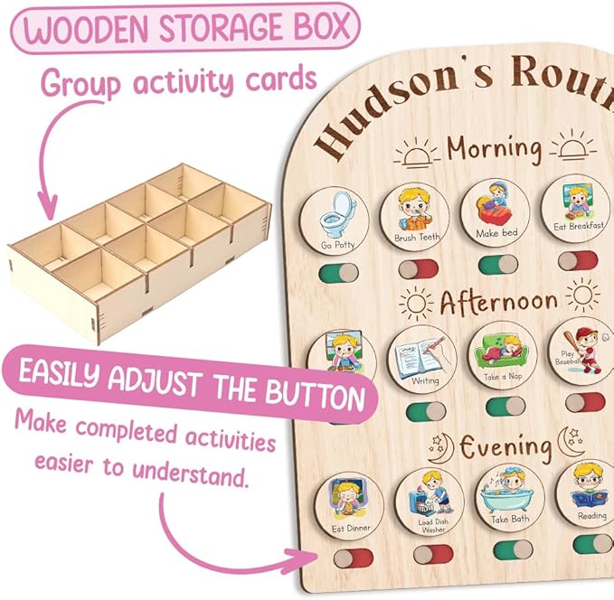 Personalized Wooden Daily Routine Chart, Visual Schedule, Routine Chart for Toddlers, Morning Bedtime Routine Chart for Toddlers (01)